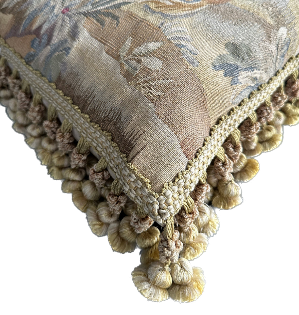 22" x 22" Cream Beige and Gray Dog Illustration Aubusson Silk Pillow