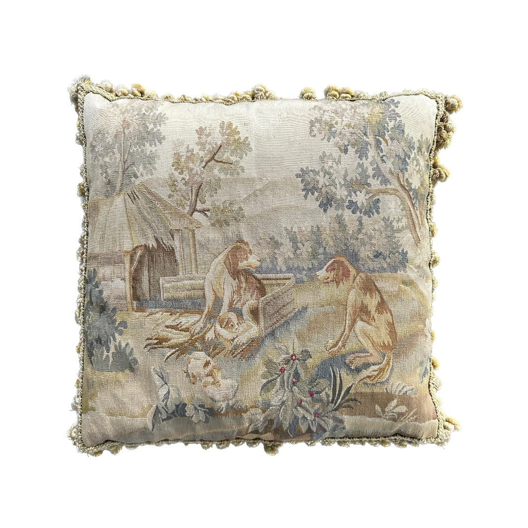 22" x 22" Cream Beige and Gray Dog Illustration Aubusson Silk Pillow
