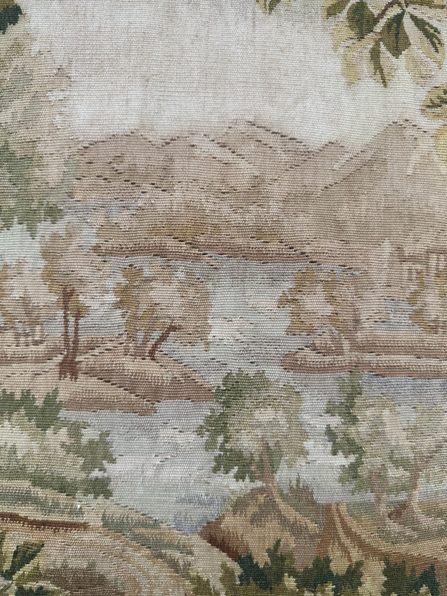 20"x20" Green and Gold Nature Scenery Silk and Wool Aubusson Pillow