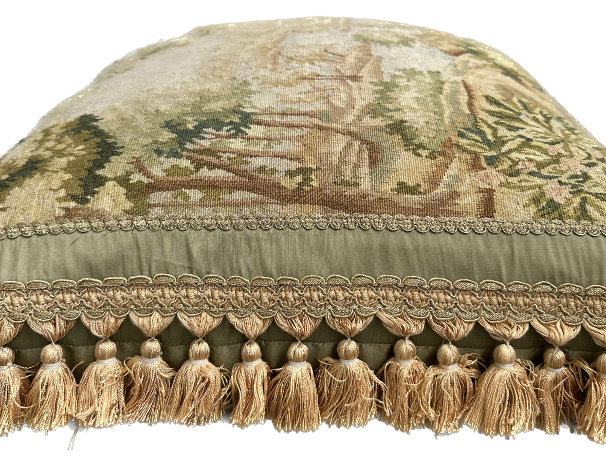 20"x20" Green and Gold Nature Scenery Silk and Wool Aubusson Pillow