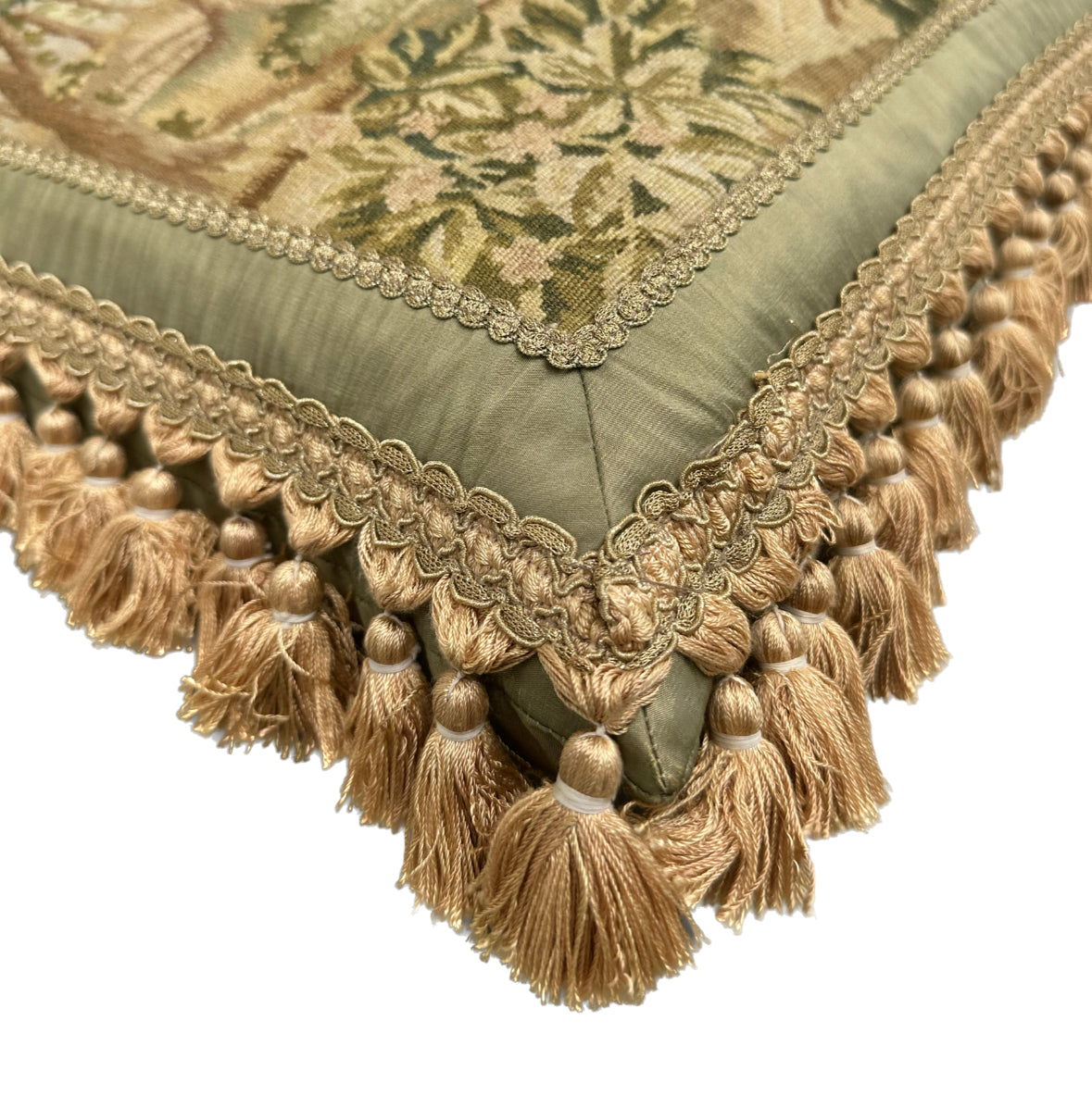 20"x20" Green and Gold Nature Scenery Silk and Wool Aubusson Pillow