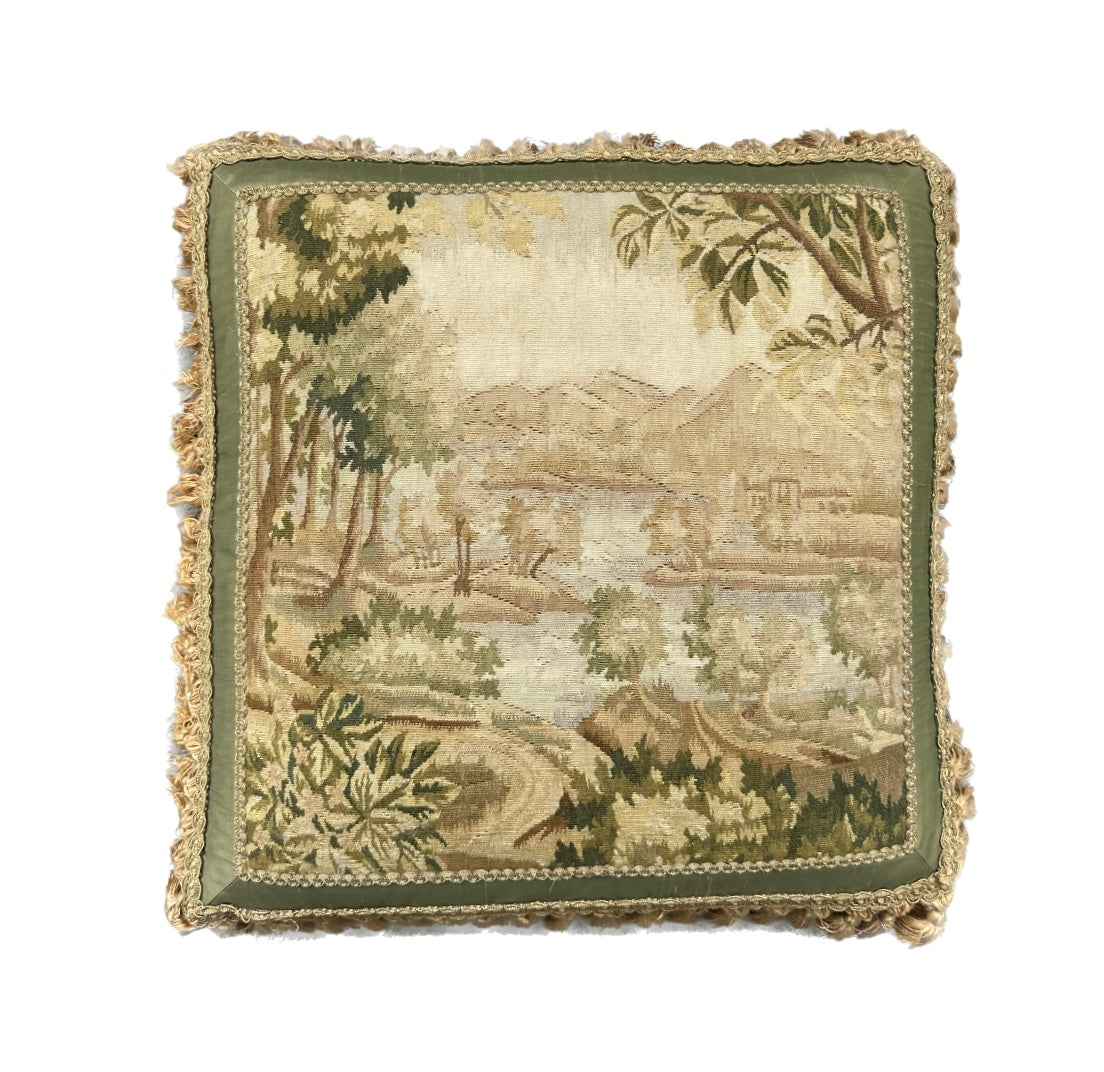 20"x20" Green and Gold Nature Scenery Silk and Wool Aubusson Pillow