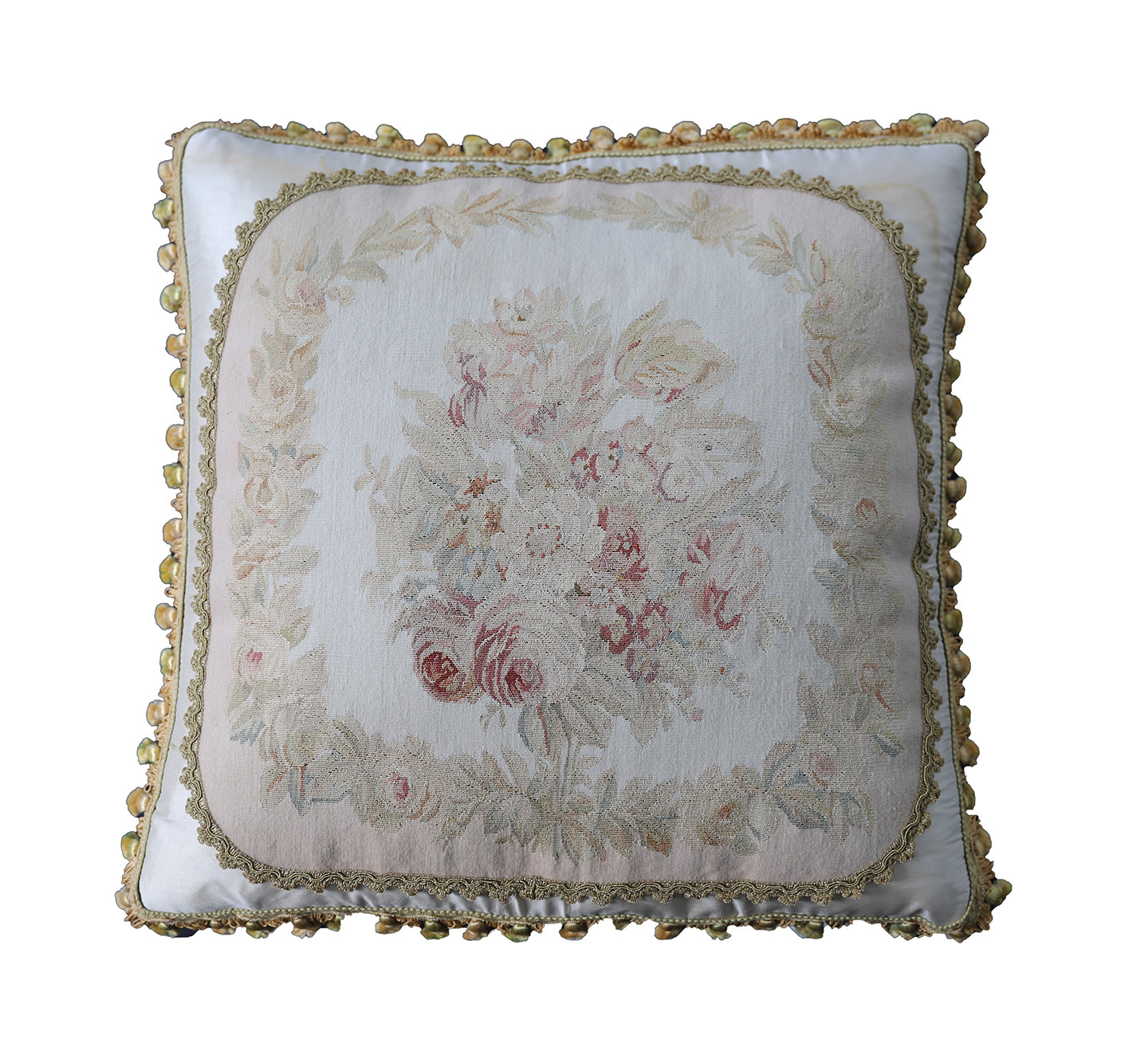 23"x23" Ivory and Gold Floral Silk Aubusson Pillow