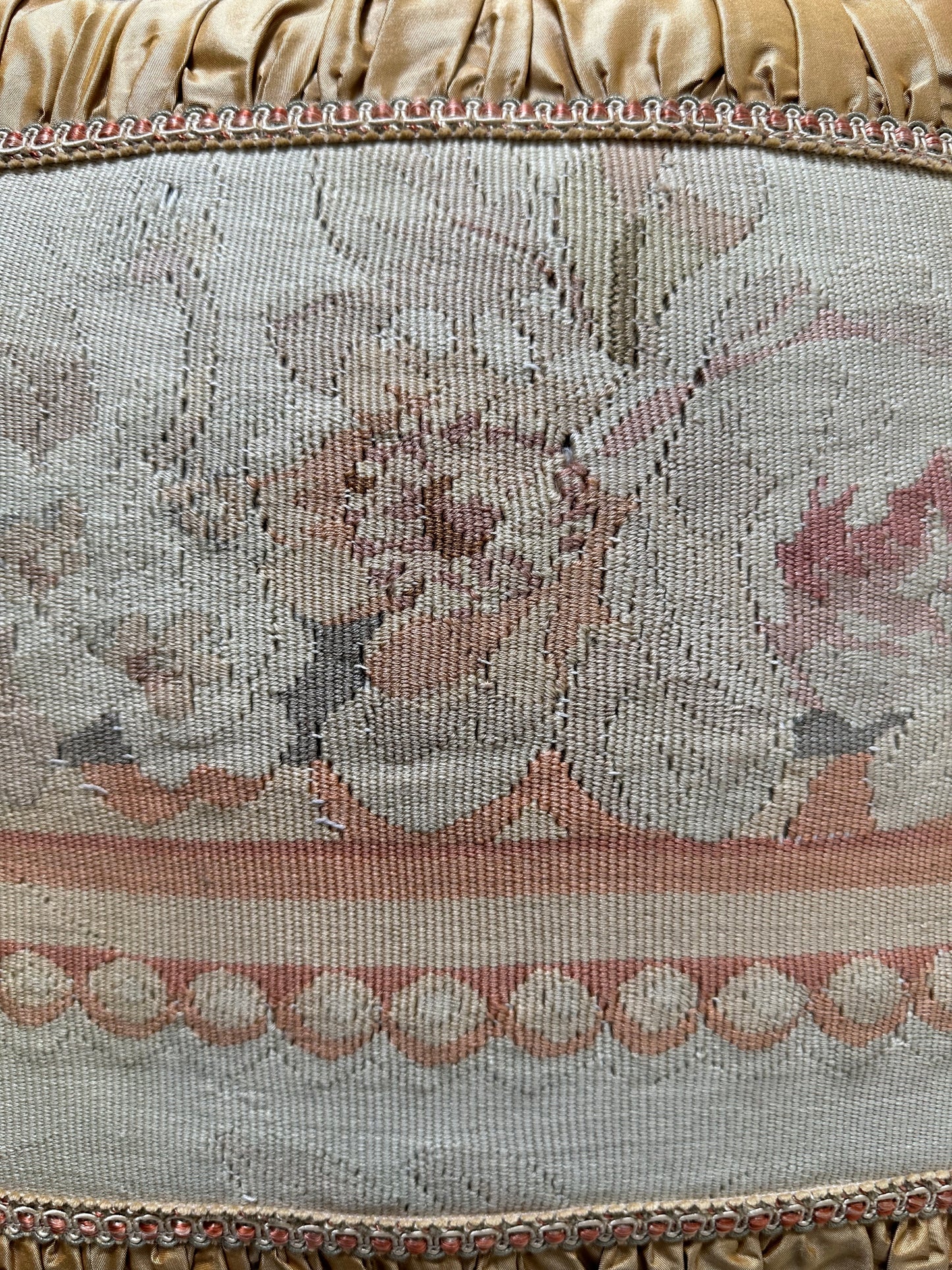 17" x 17" Gold and Cream Vintage French Floral Aubusson Wool and Silk Pillow
