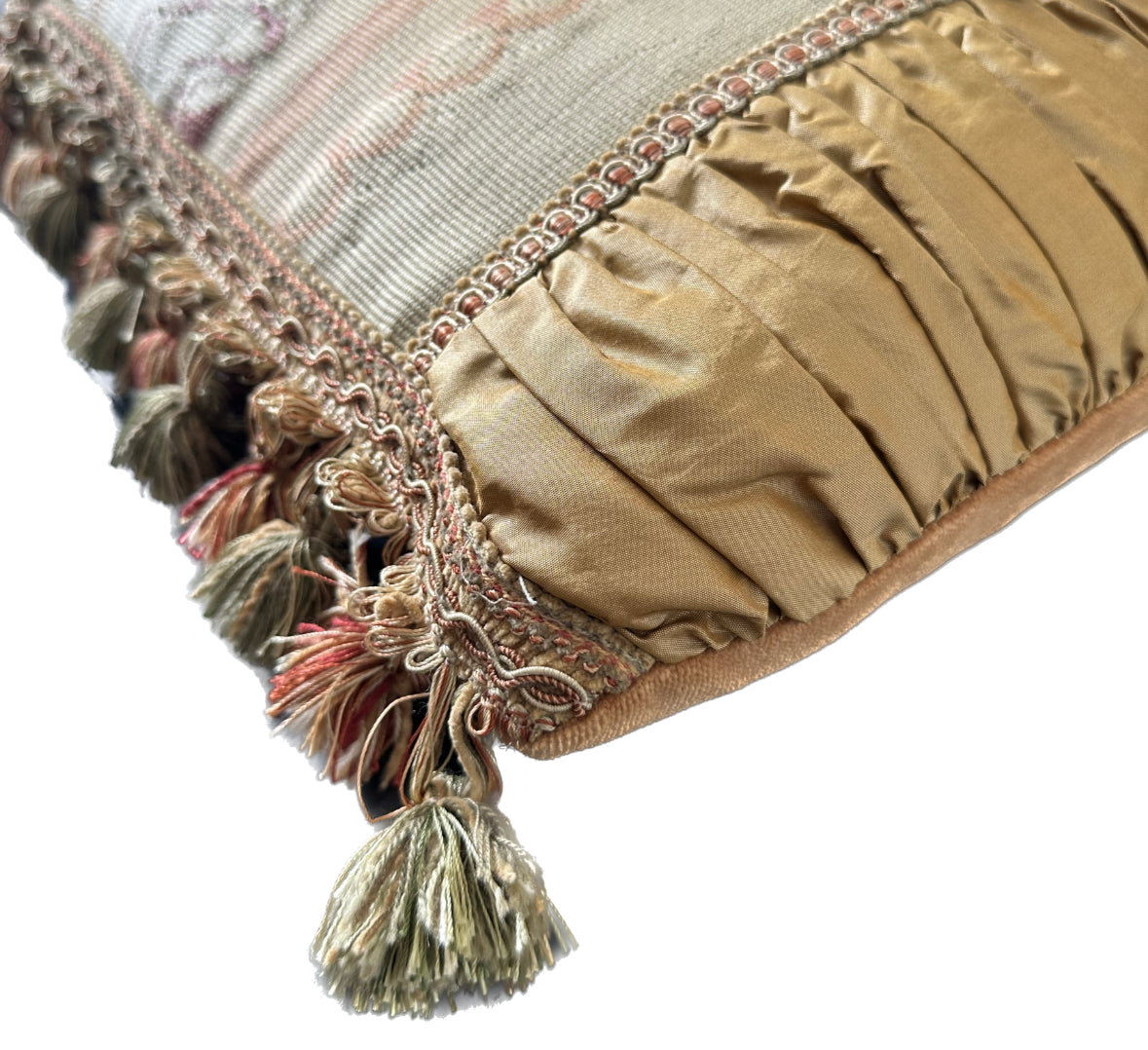 17" x 17" Gold and Cream Vintage French Floral Aubusson Wool and Silk Pillow