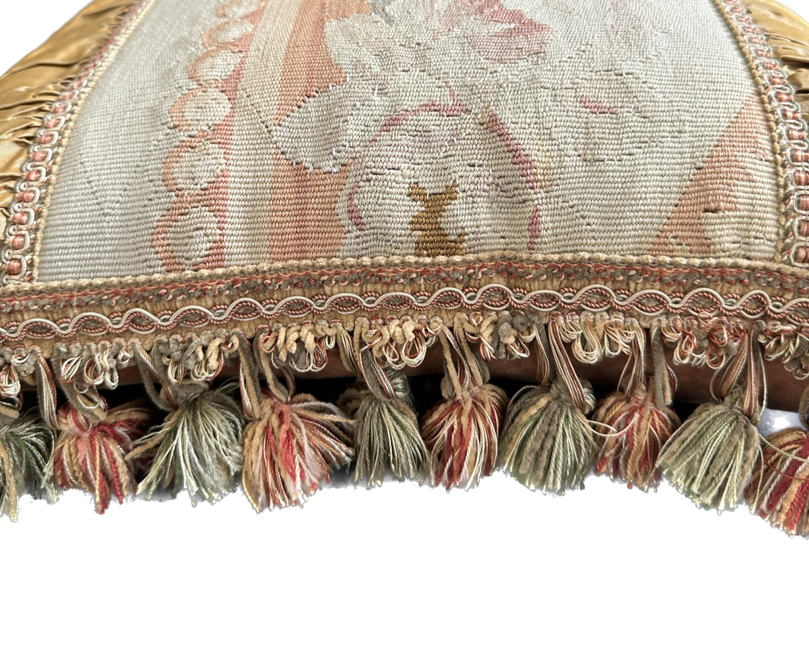 17" x 17" Gold and Cream Vintage French Floral Aubusson Wool and Silk Pillow