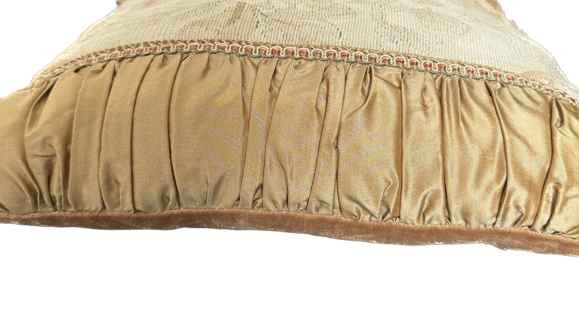 17" x 17" Gold and Cream Vintage French Floral Aubusson Wool and Silk Pillow