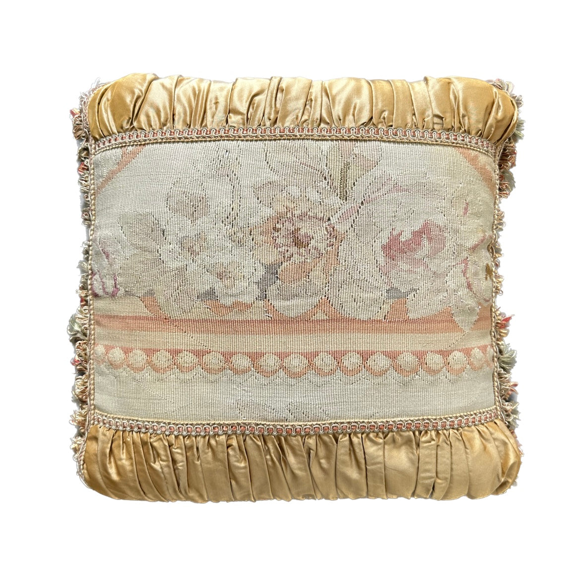 17" x 17" Gold and Cream Vintage French Floral Aubusson Wool and Silk Pillow