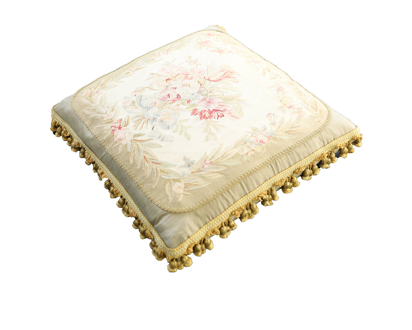 23"x23" Gray Silver Beige Floral Silk Aubusson Pillow