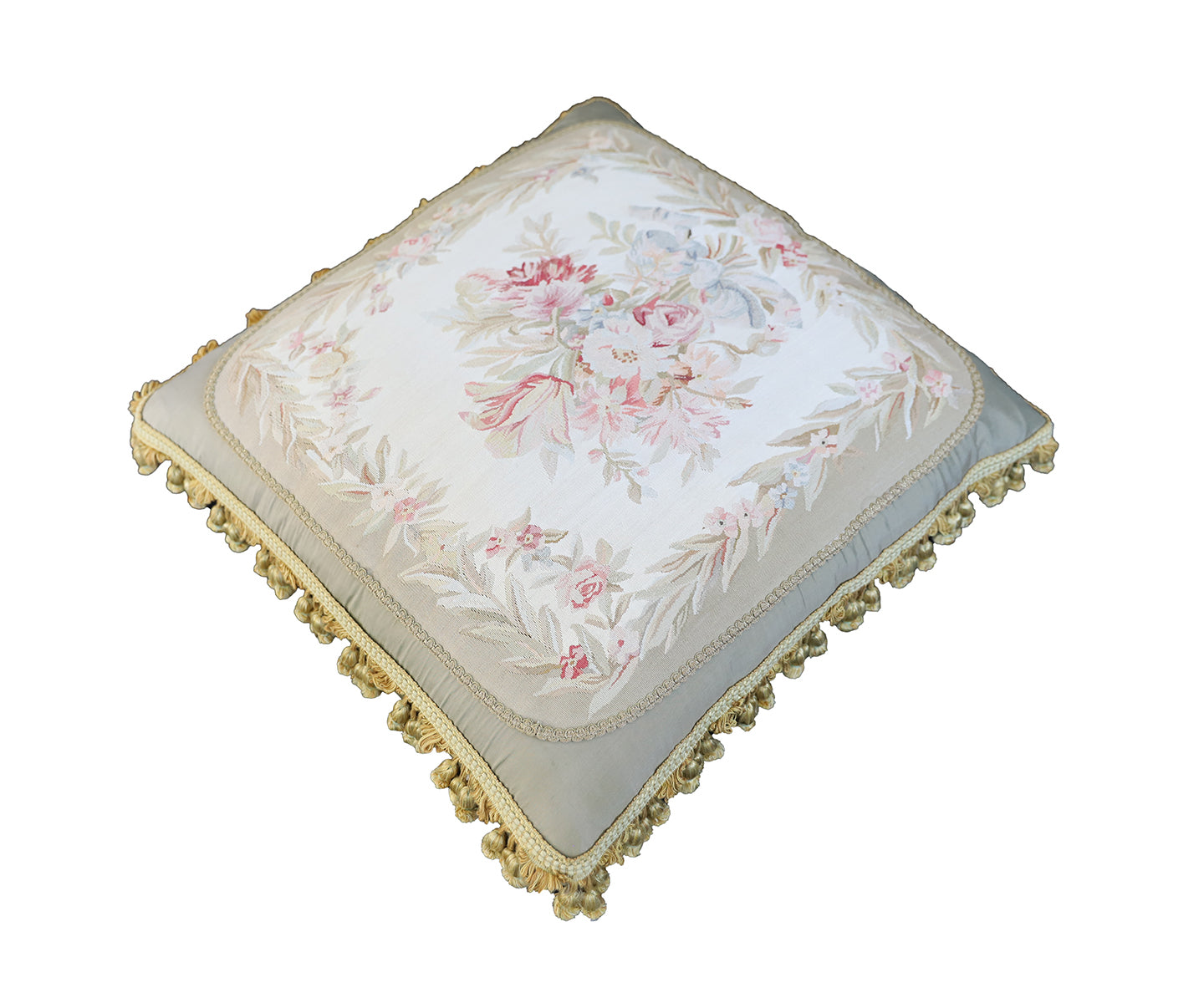 23"x23" Gray Silver Beige Floral Silk Aubusson Pillow
