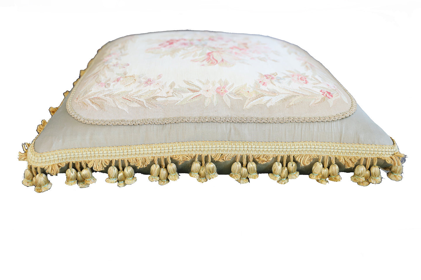 23"x23" Gray Silver Beige Floral Silk Aubusson Pillow
