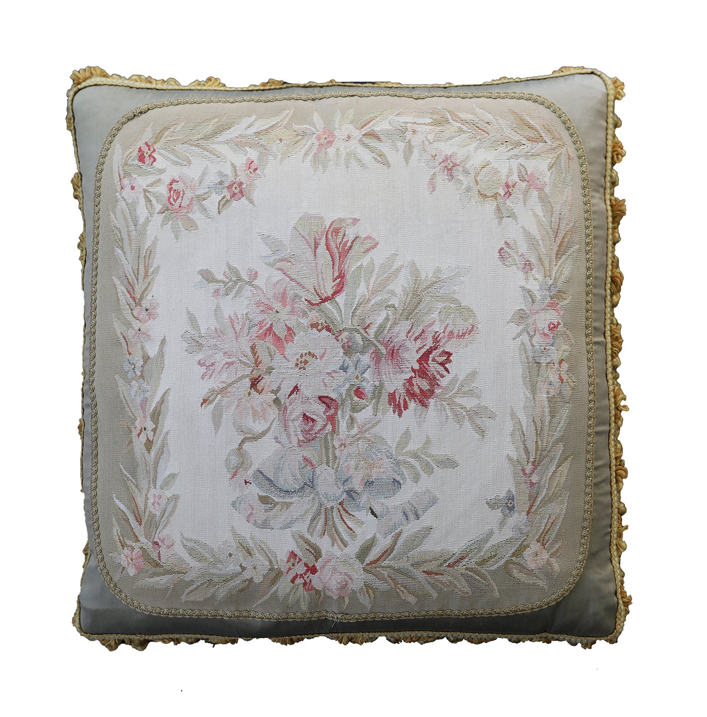 23"x23" Gray Silver Beige Floral Silk Aubusson Pillow
