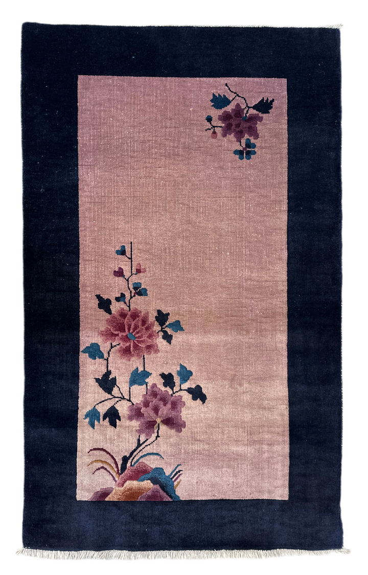 3'x5' Black and Mauve Floral Chinese Art Deco Rug
