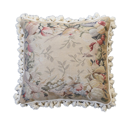 18"x18" Cream and Tan Floral Aubusson Needlepoint Pillow Case
