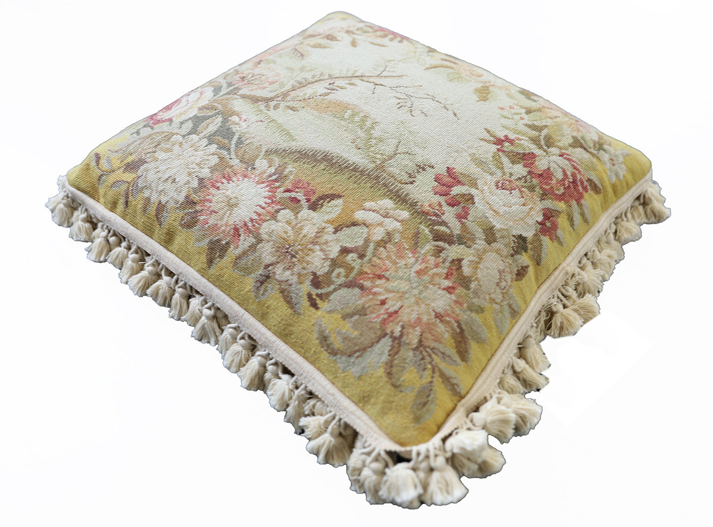 20"x20" Yellow and Cream Floral Hand Stitched Needlepoint Pillow