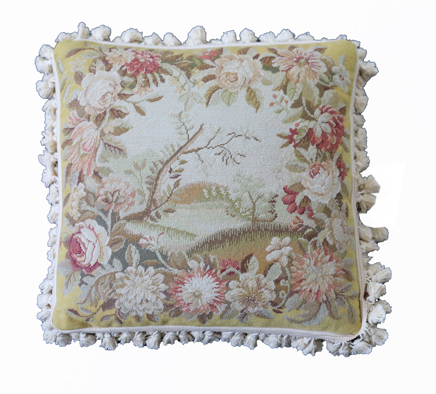 20"x20" Yellow and Cream Floral Hand Stitched Needlepoint Pillow