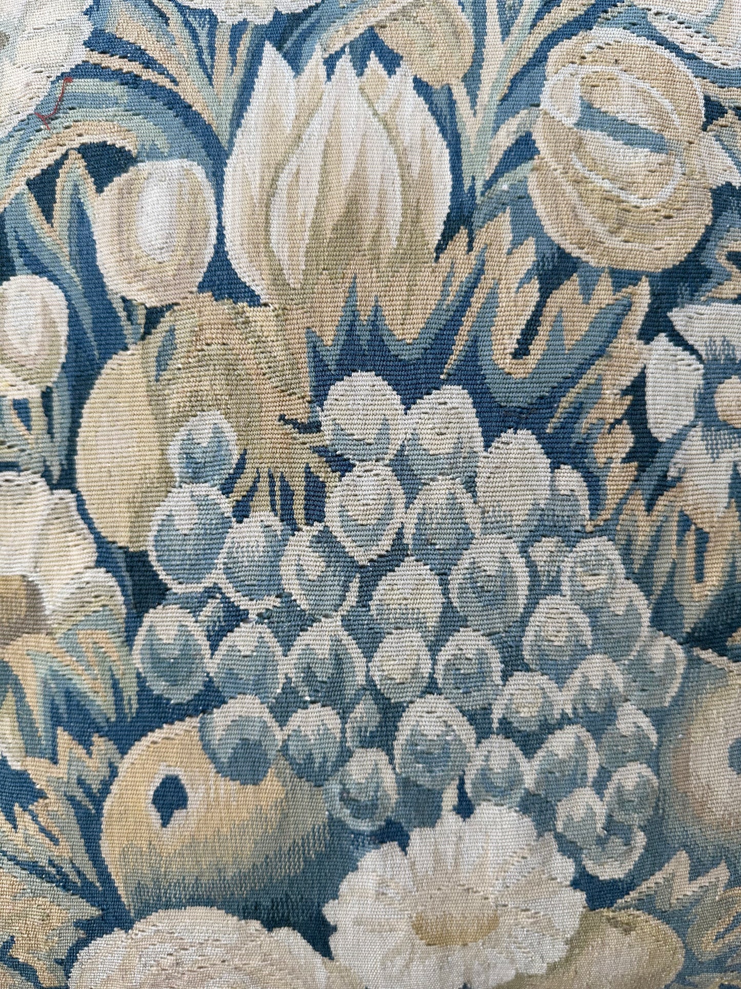 20"x20" Blue and Green Floral Aubusson Wool and Silk Pillow