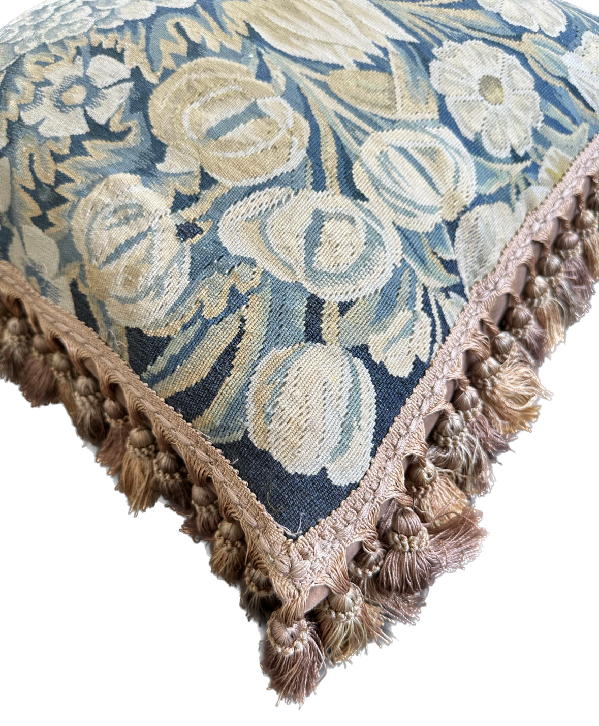 20"x20" Blue and Green Floral Aubusson Wool and Silk Pillow