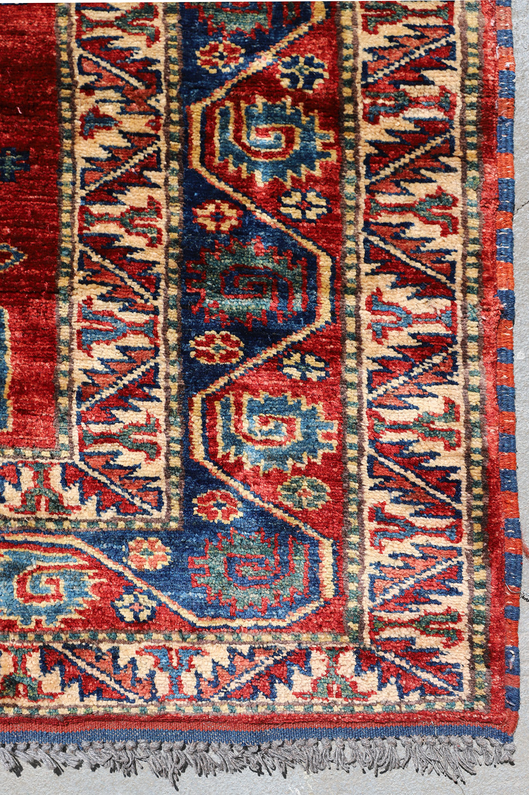 4'x6' Fine Wool Hand Knotted Red and Blue Geometric Caucasian Design Rug
