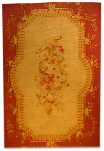 7'x12' Antique French Aubusson Rug | Red & Gold Rug