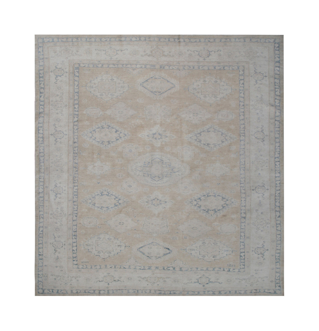 8'x8' Fine Hand-knotted Square Rugs | Ivory & Blue Geometric Rug