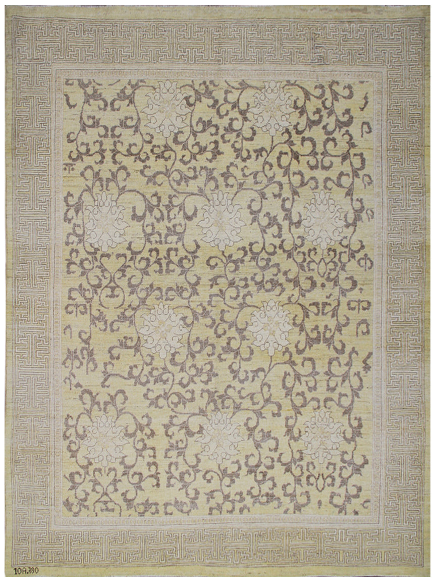 8'x9' Wool Area Rug | Floral Design| Gold | Khotan Design Rug