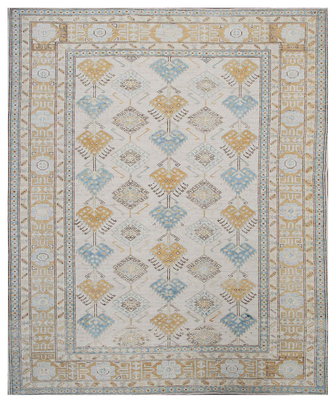 A traditional geometric patterned rug with soft tone colors including blue, gold, and beige.