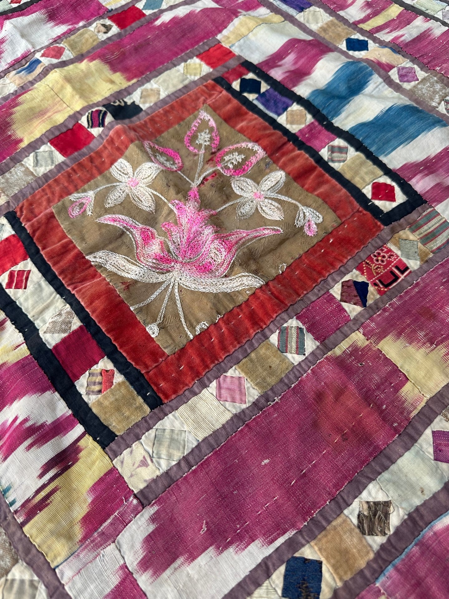 2'X2' Red Tan Teal Blue Vintage Antique Uzbek Ikat Applique Suzanni Decorative Wall Hanging Textile Tapestry