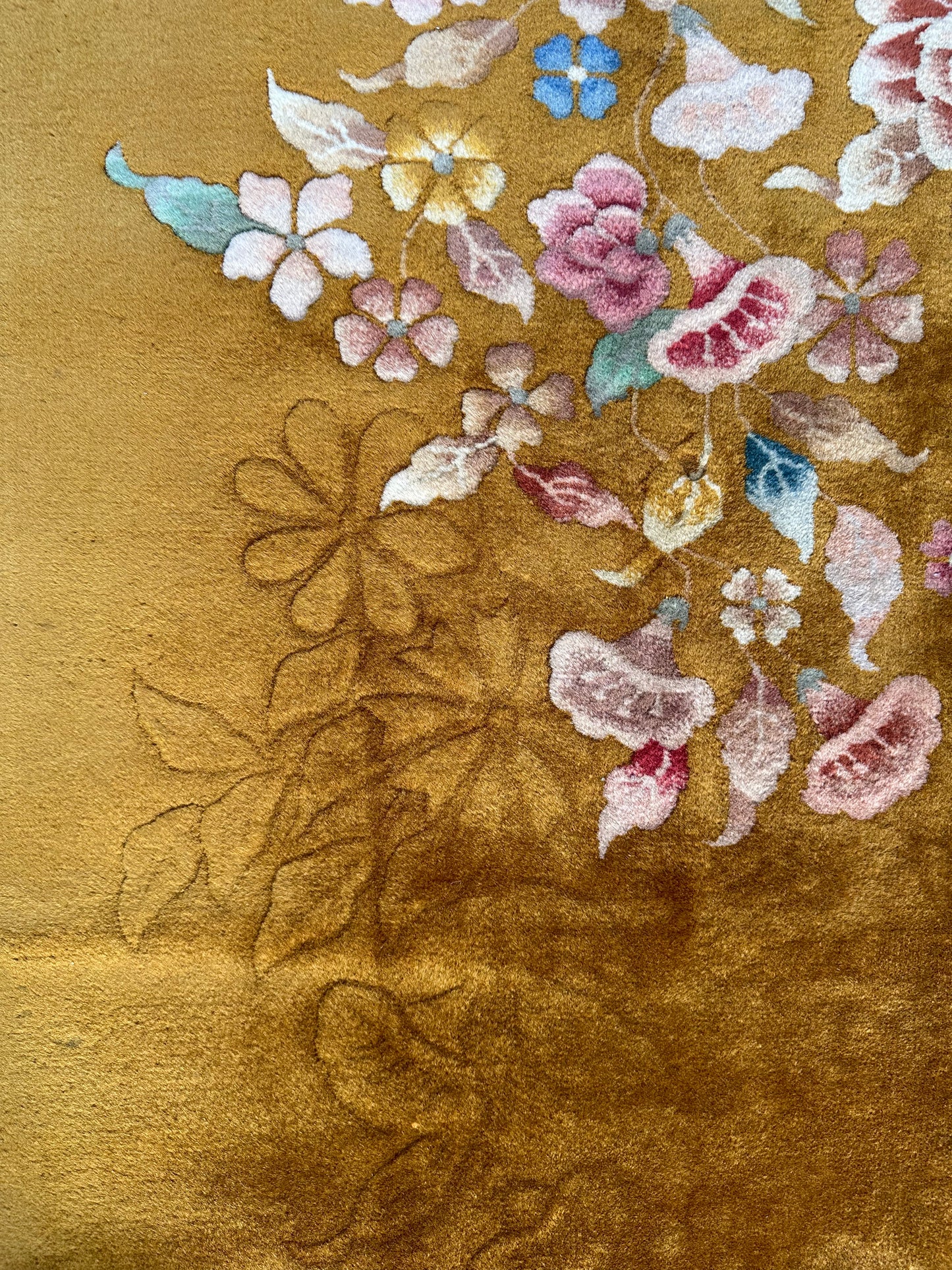 9x12 Golden Yellow Floral Vintage Chinese Art Deco Area Rug