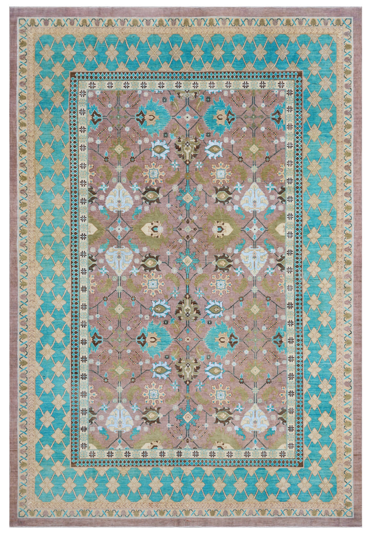 10'x14' Wool Area Rug | Ariana Transitional | Pink Turquoise Rug