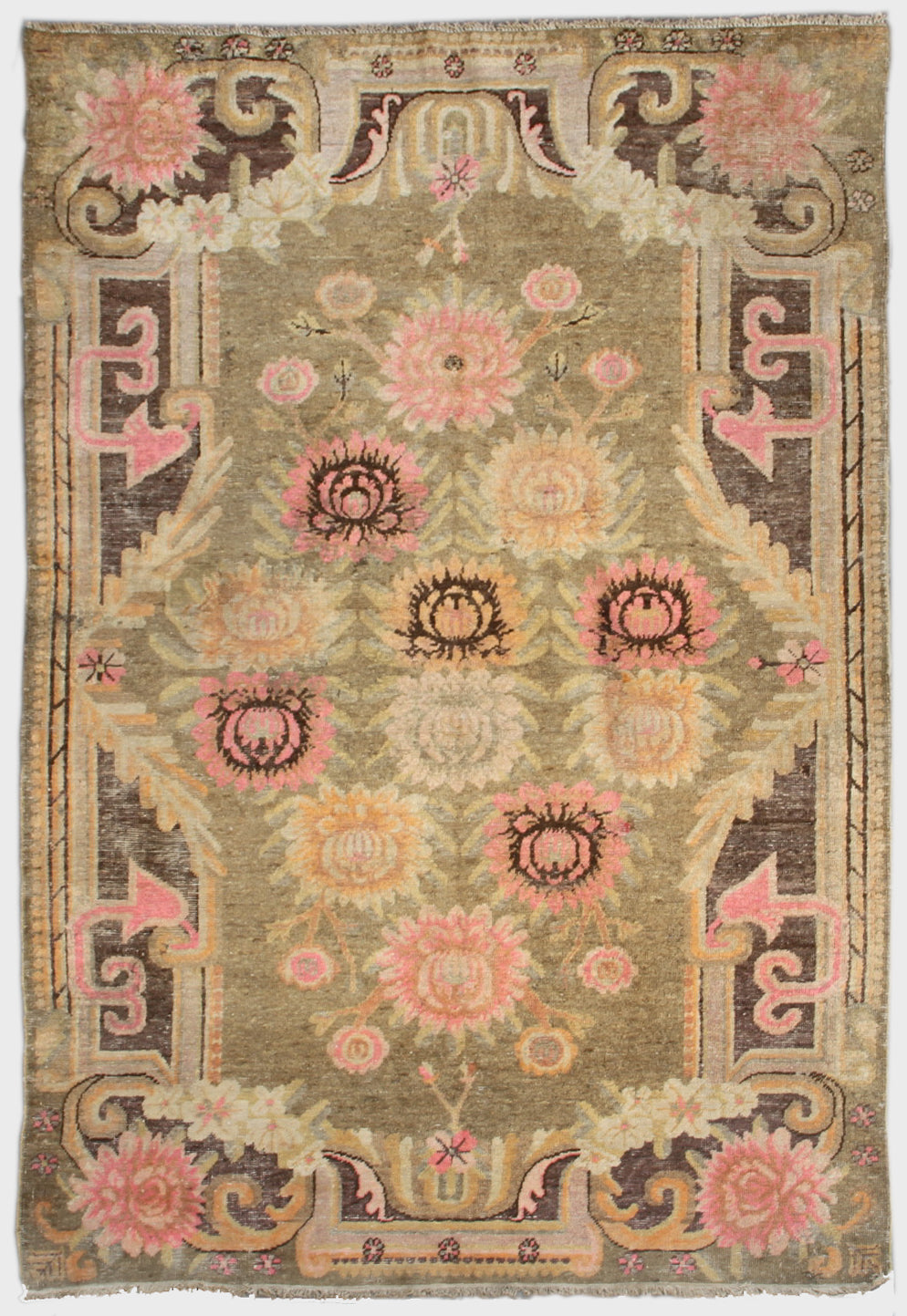 7.05 x 4.06 Green Floral Pattern Vintage Antique Samarkand Area Rug