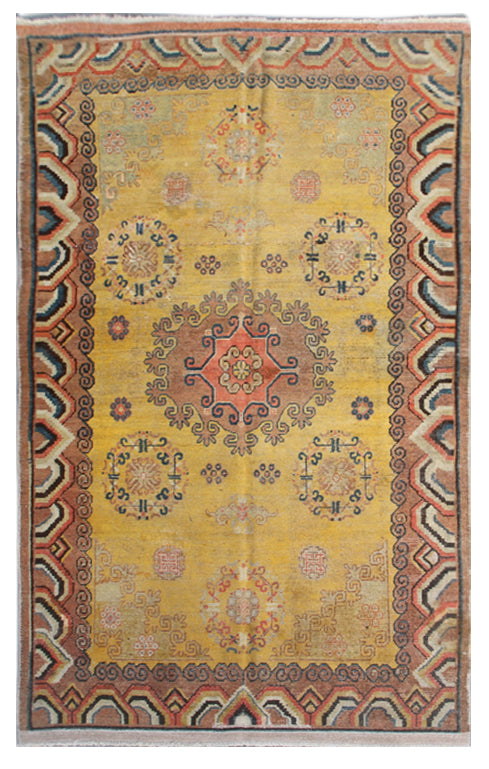 8.02 x 4.06 Yellow Medalion Vintage Antique Samarkand Khotan Area Rug