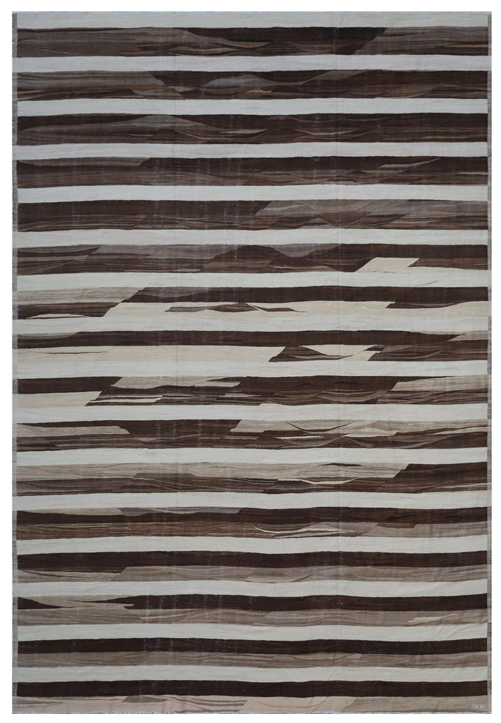 12'x15' Large Wool Kilim | Striped Brown & Ivory Kilim Rug