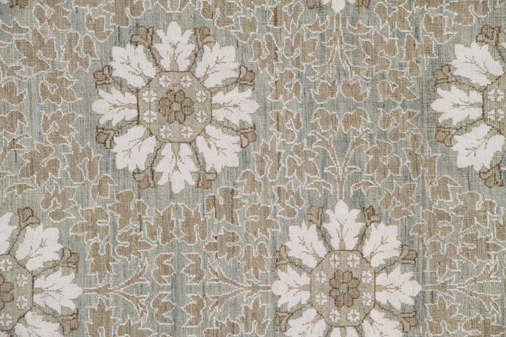 12'x17' Large Wool Area Rug | Beige White Blue Cotton Floral Design