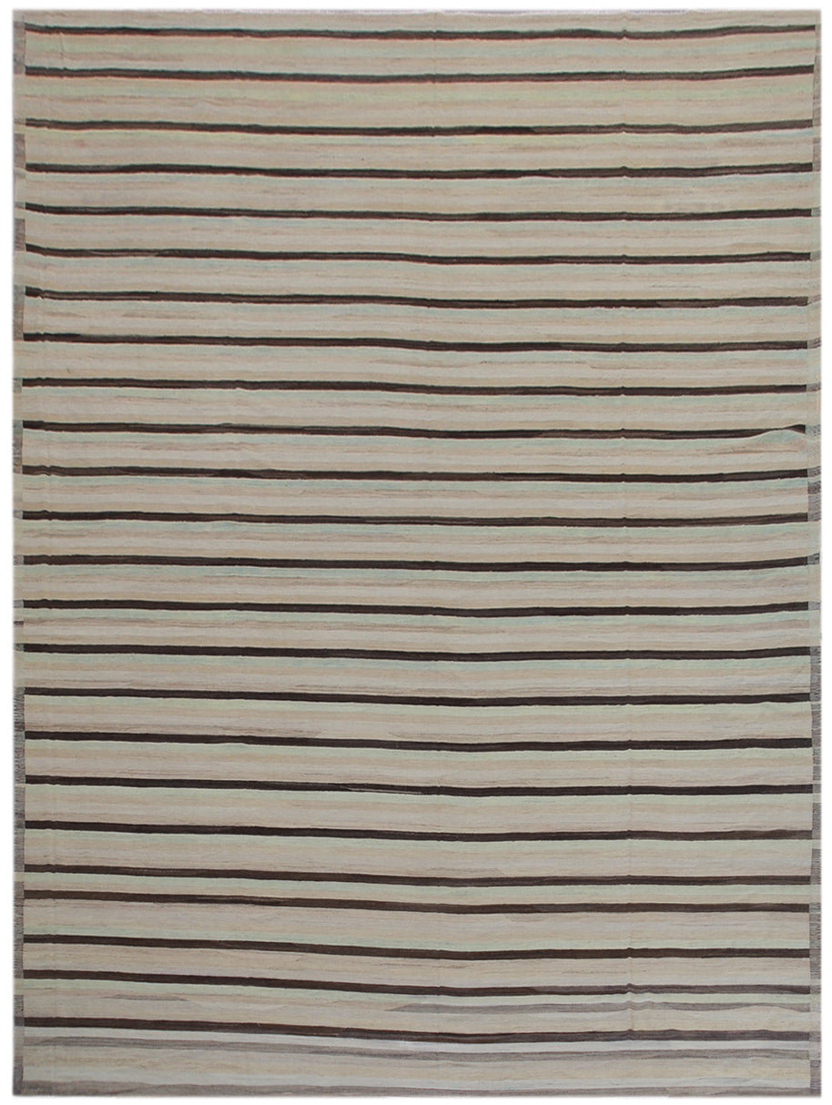 13'x20' Large |Striped Brown Ivory Soft Green| Ariana Hand-knotted Kilim