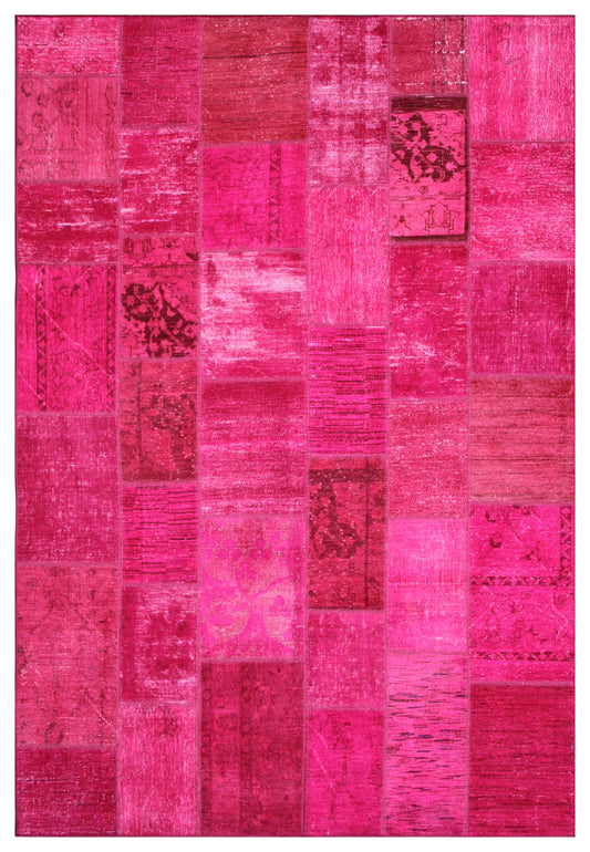 7'x10'Hot Pink Hand-knotted Ariana Patchwork Overdyed Area Rug