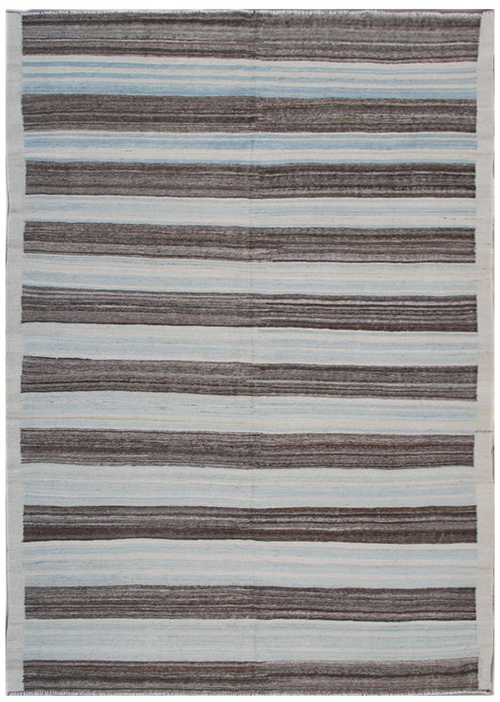 9.00 x 6.00 Blue, White, Grey Brown Stripe Hand Woven Ariana Kilim Rug