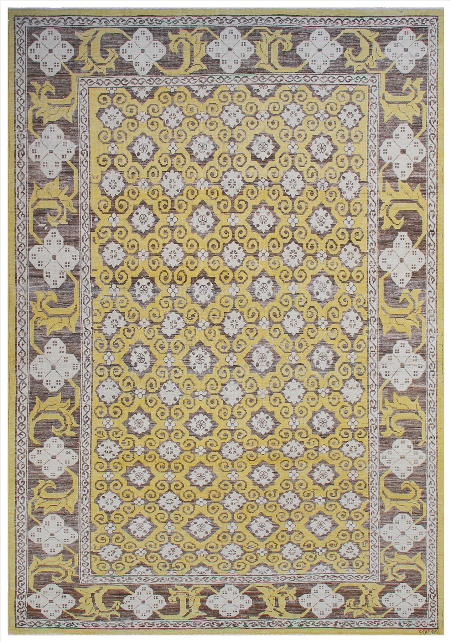 6x9 Yellow Brown Cream Hand-Knotted Samarkand Khotan Ariana Vintage Collection Area Rug