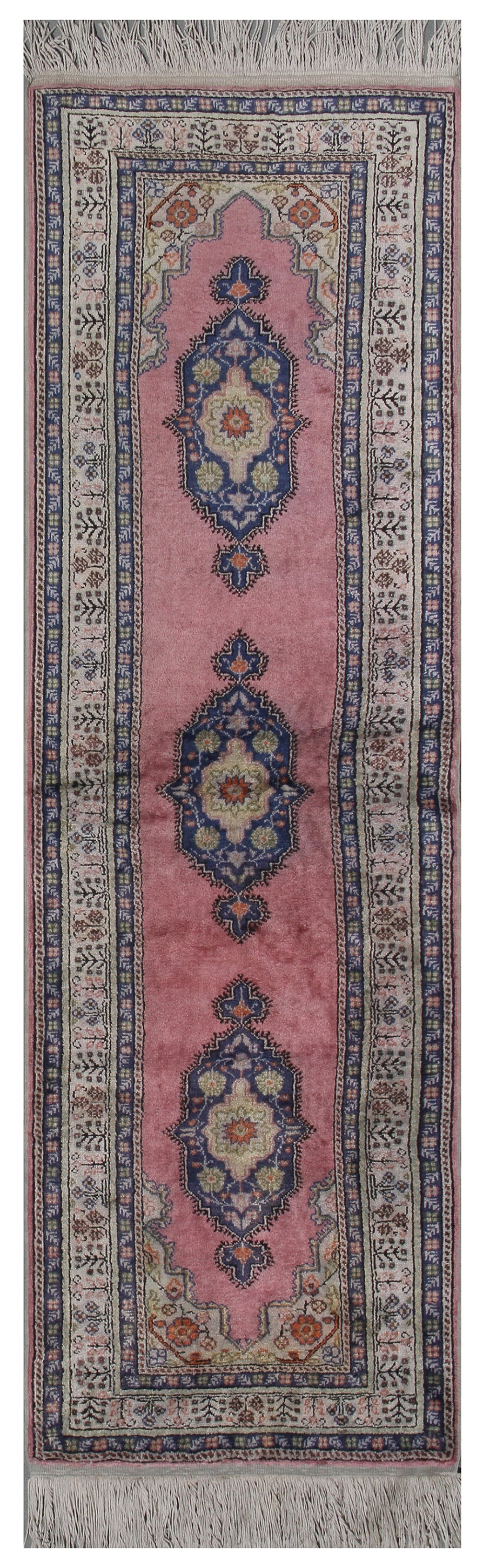 3x7 Pink Navy Floral Persian Style Turkish Art. Silk Small Runner Rug