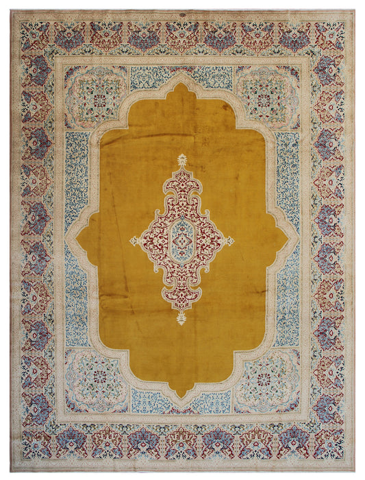 10'x13' Gold Blue Red Persian Kerman Antique Semi-antique Rug