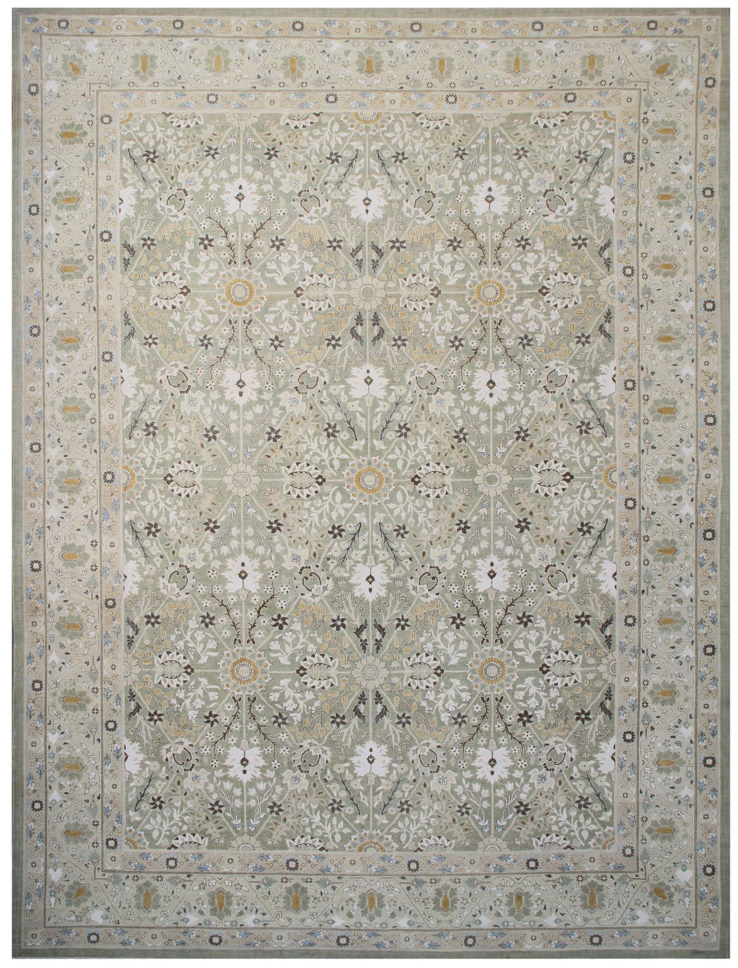 10'x14' Green Ivory Pink Blue Silk and Wool Shah Abbas Design Tabriz Design Ariana Luxury Rug