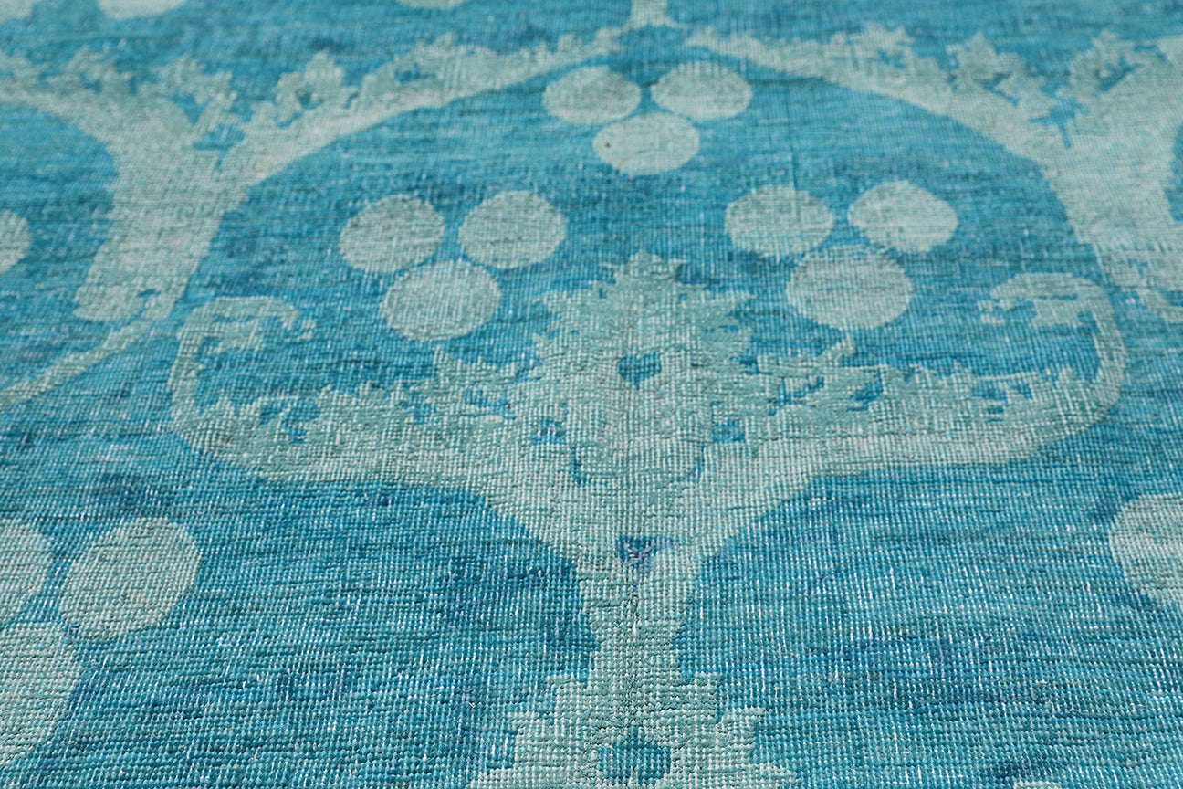 9'x9' Square Blue Ottoman Design Wool and Silk Ariana Overdyed Rug