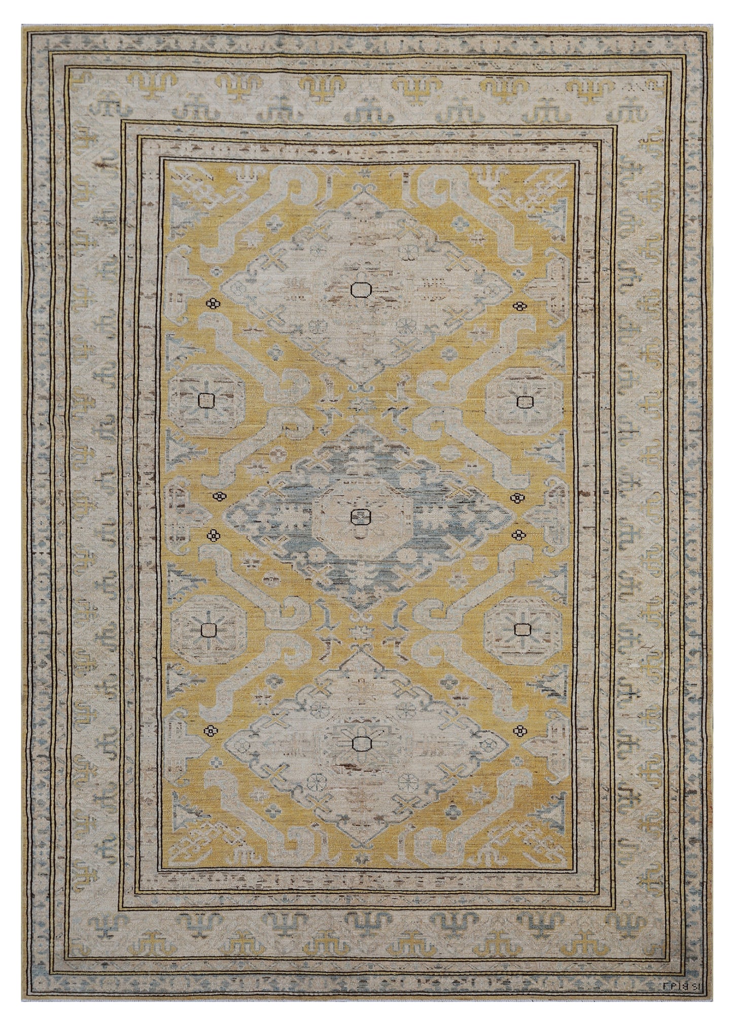 8.04 x 5.11 Ariana Geometric Yellow and Blue Hazara Rug