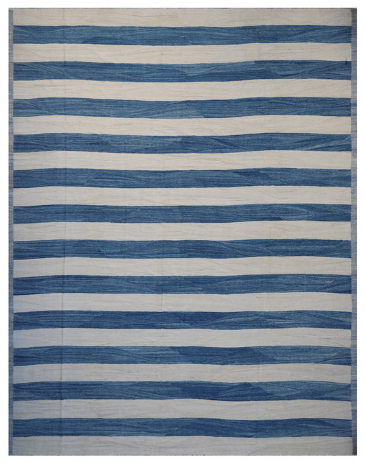12'x15' Blue and White Stripe Ariana Kilim Rug