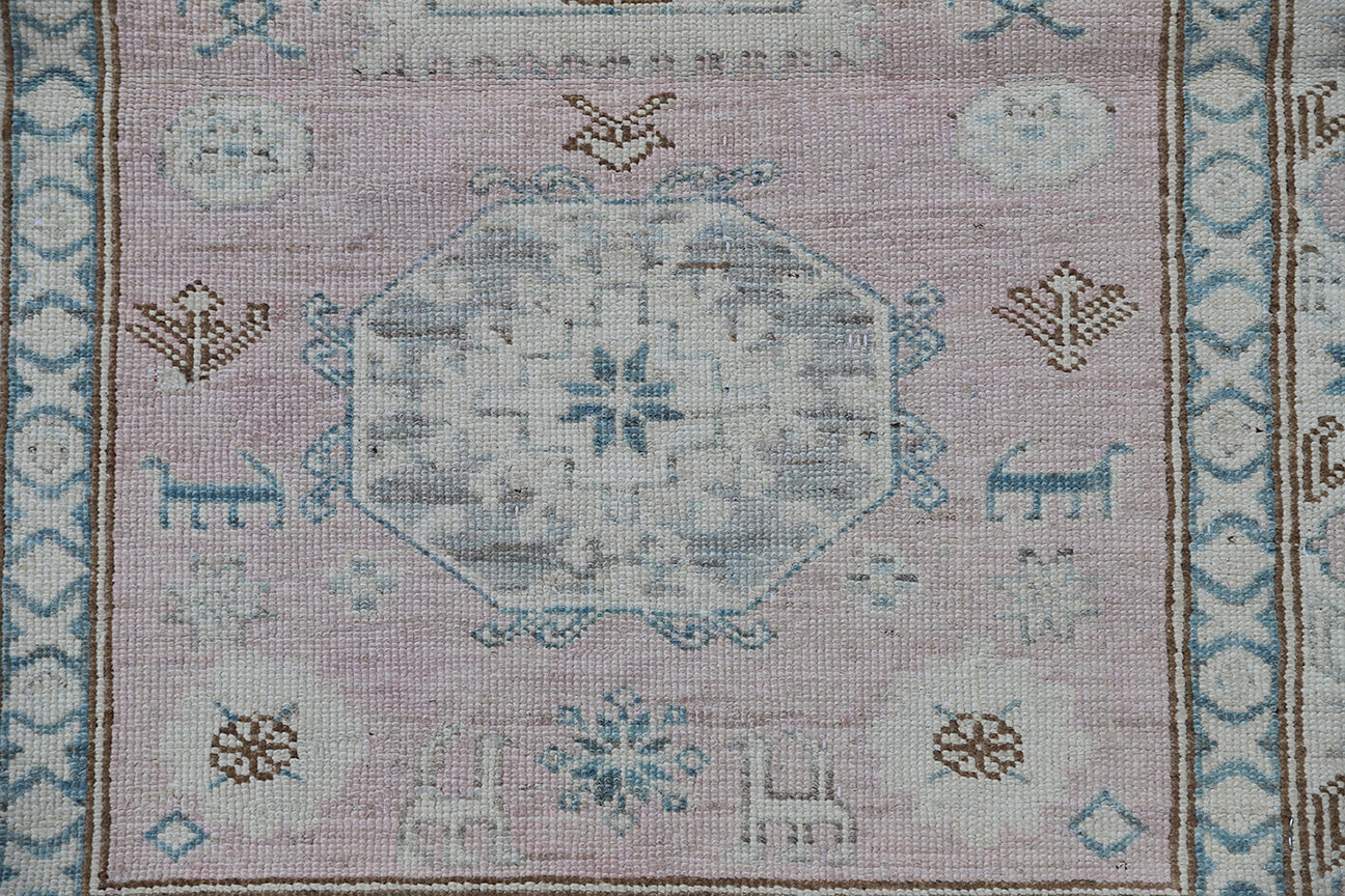 3'x4' Ariana Geometric Pink Blue Ivory Caucasian Design Hazara Small Rug