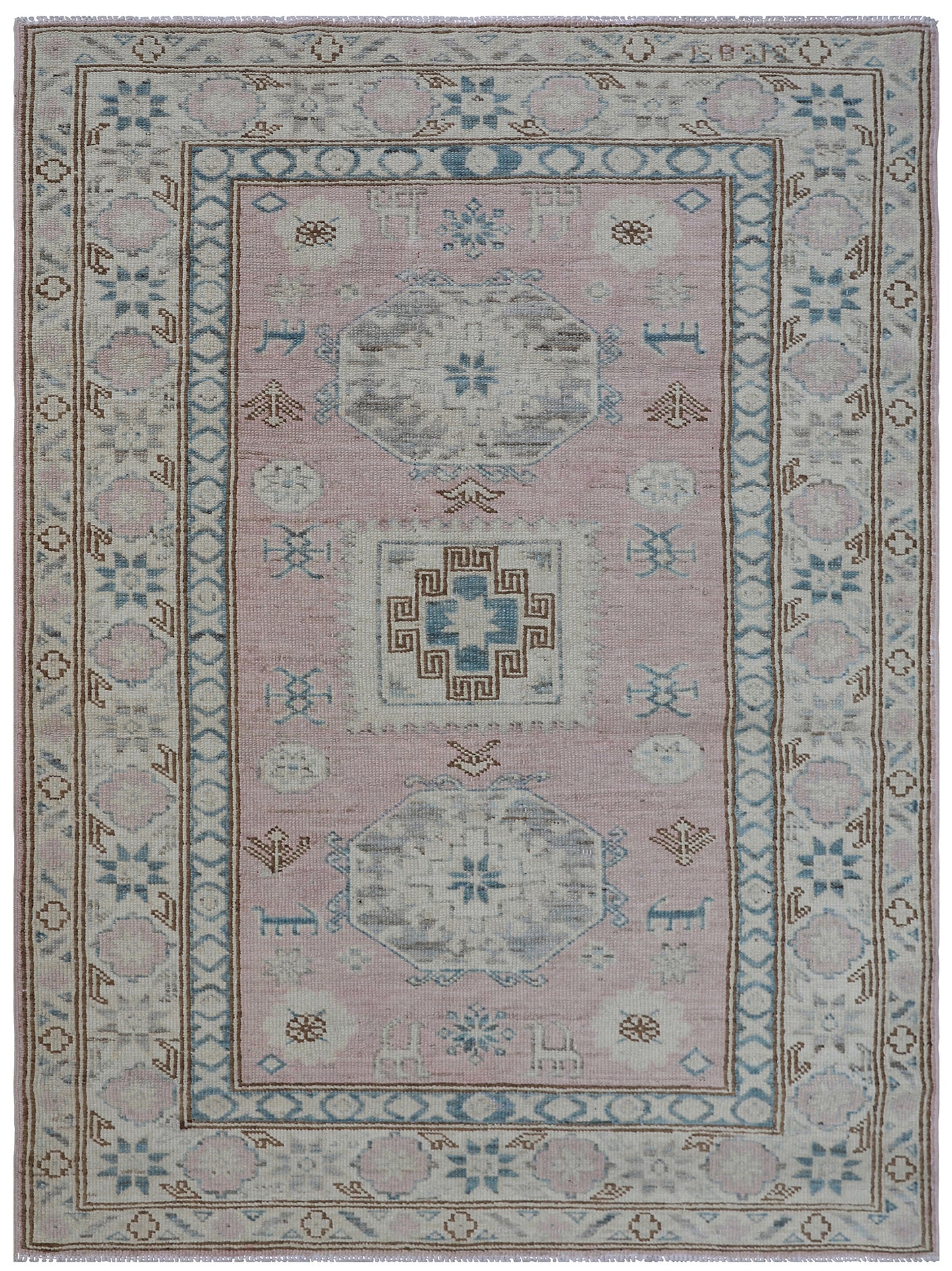 3'x4' Ariana Geometric Pink Blue Ivory Caucasian Design Hazara Small Rug