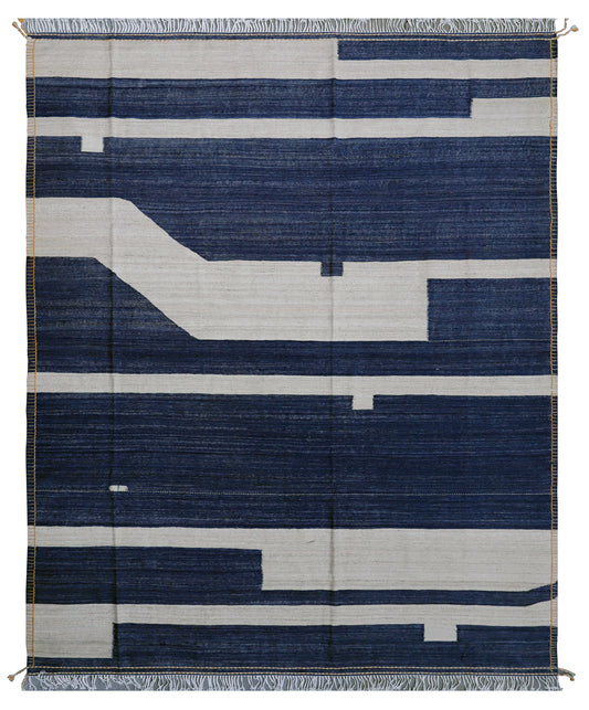 8'x10'Ariana Navy Blue and Ivory Handmade Flat Weave Kilim Rug