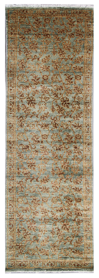 3'x10' Soft Shades of Green and Gold Brown Floral Hand-Knotted Runner Rug