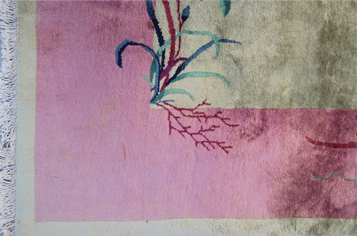 9'x11' Pink and Tan Beige Floral Vintage Chinese Art Deco Rug