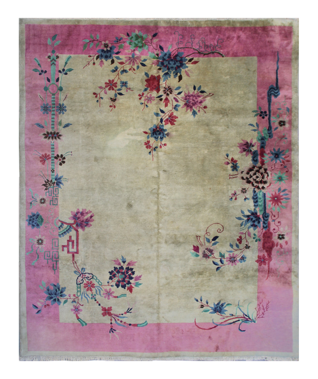 9'x11' Pink and Tan Beige Floral Vintage Chinese Art Deco Rug